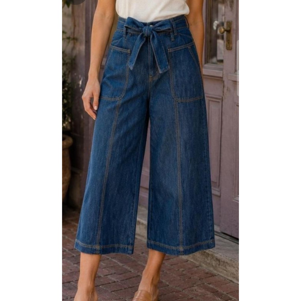 Pilcro Anthropologie High-Rise Wide-Leg Cropped Belted Jeans Sz 28 - Picture 2 of 13